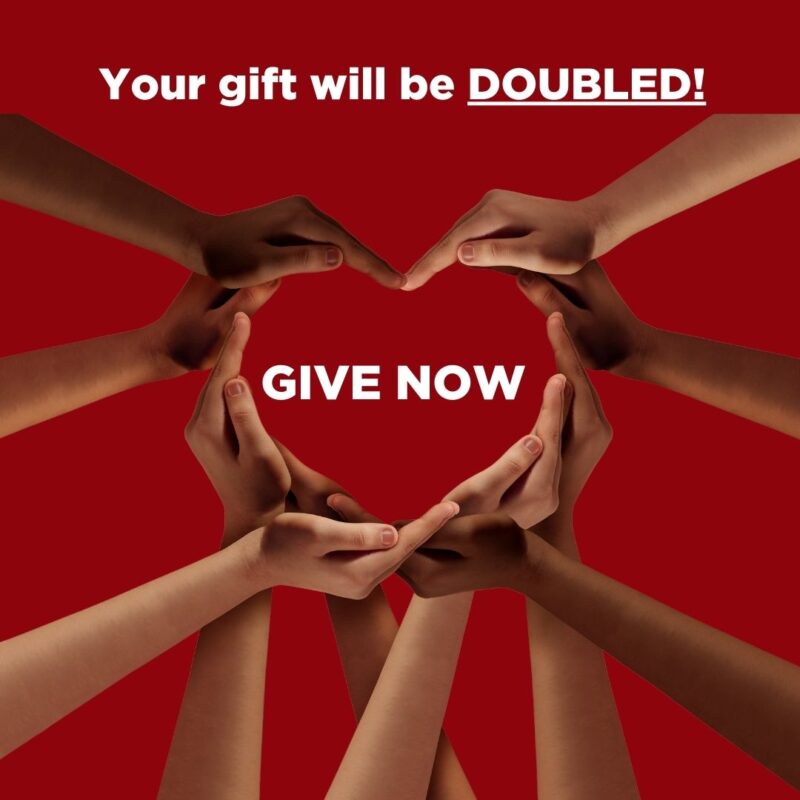 a picture of hands in a heart shape. text: your gift will be doubled! give now